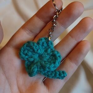 Handmade Irish Green Crochet Clover Keychain Silver Chain